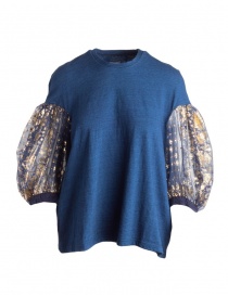 Women s knitwear online: Kapital blue sweater with puffy sleeves in tulle