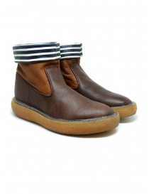 Mens shoes online: Kapital brown leather ankle boots with blue and white stripes