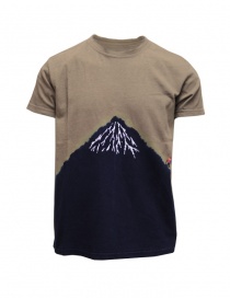 Mens t shirts online: Kapital khaki t-shirt with blue Mount Fuji and climber