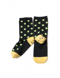 Socks online: Kapital black socks with green polka dots with smiley heel