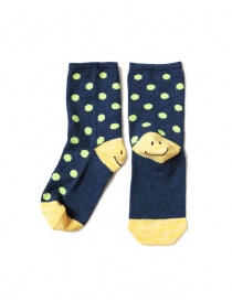 Socks online: Kapital blue socks with smiley heel and green polka dots
