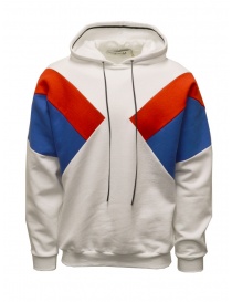 Men s knitwear online: Qbism white hooded sweatshirt with red and blue geometric inserts