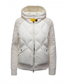 Womens jackets online: Parajumpers Phat white down jacket with Aran wool sleeves