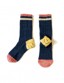 Socks online: Kapital blue socks with smiley heels and red toes