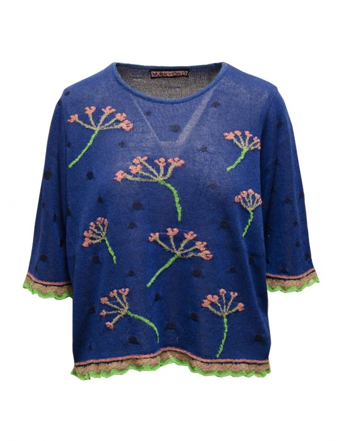 M.&Kyoko maglia maniche corte blu leggera a fiori rosa BDH01035WA DARKBLUE maglieria donna online shopping